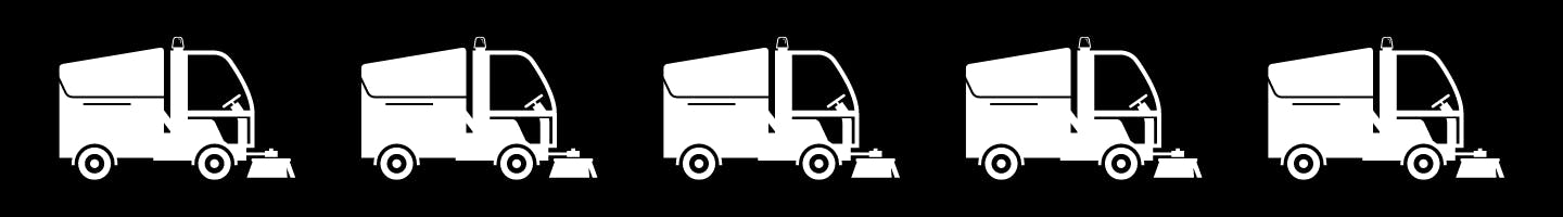 A black background with five white graphics of street sweepers