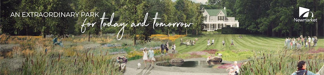 An artistic rendering of the future Mulock Park with text stating it's an extraordinary park for today and tomorrow