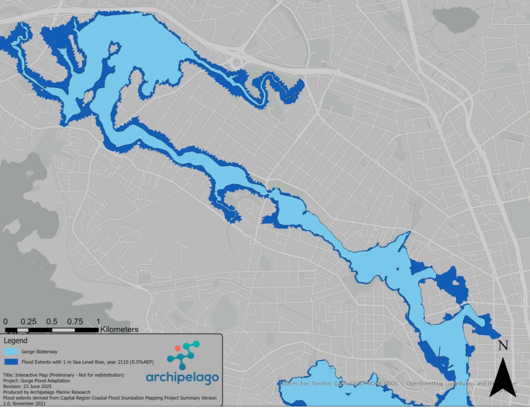 Map of the Gorge and Portage Inlet, showing how shorelines will change with the expected sea level rise of one metre by 2110