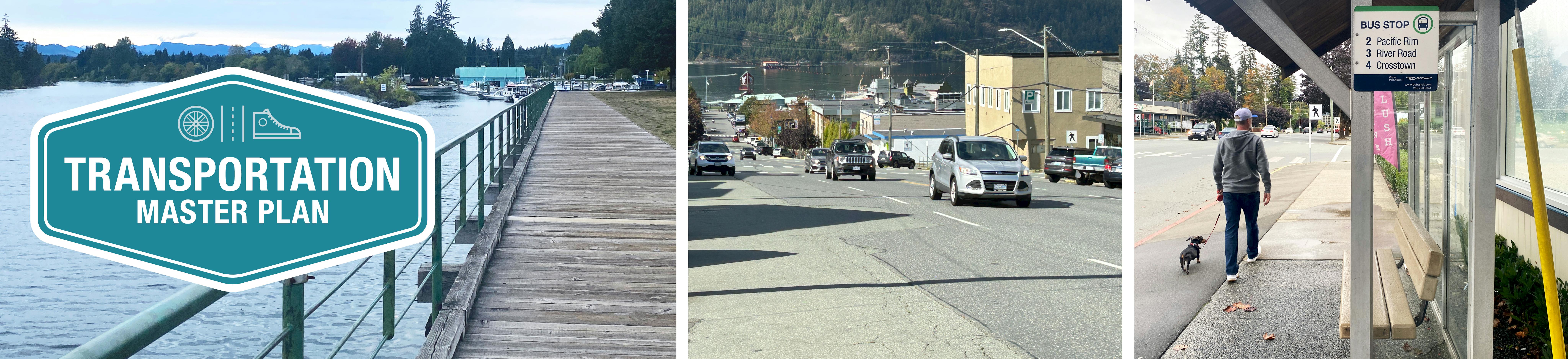 A collage of images featuring various transportation methods in Port Alberni such as driving, walking, public transit.