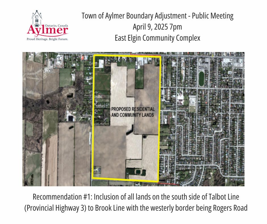 Aylmer Settlement Area Boundary Expansion showing a map of Recommendation 1 - Inclusion of lands on the south side of Talbot Line