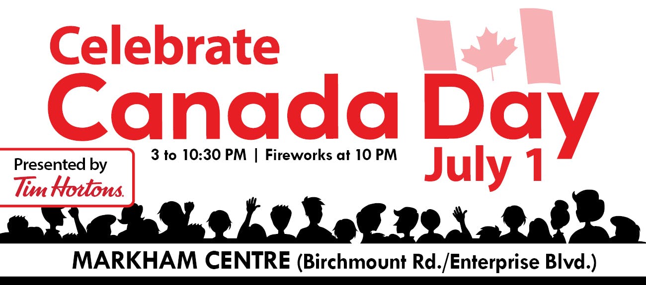 Icons of people and Canadian flag with text reading celebrate Canada Day at Markham Centre