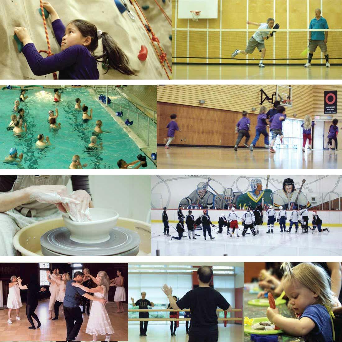 Collage of various community centre activities- pottery, rock climbing, indoor sports, swim class, ice hockey, dance lessons, yoga, children playing, etc.