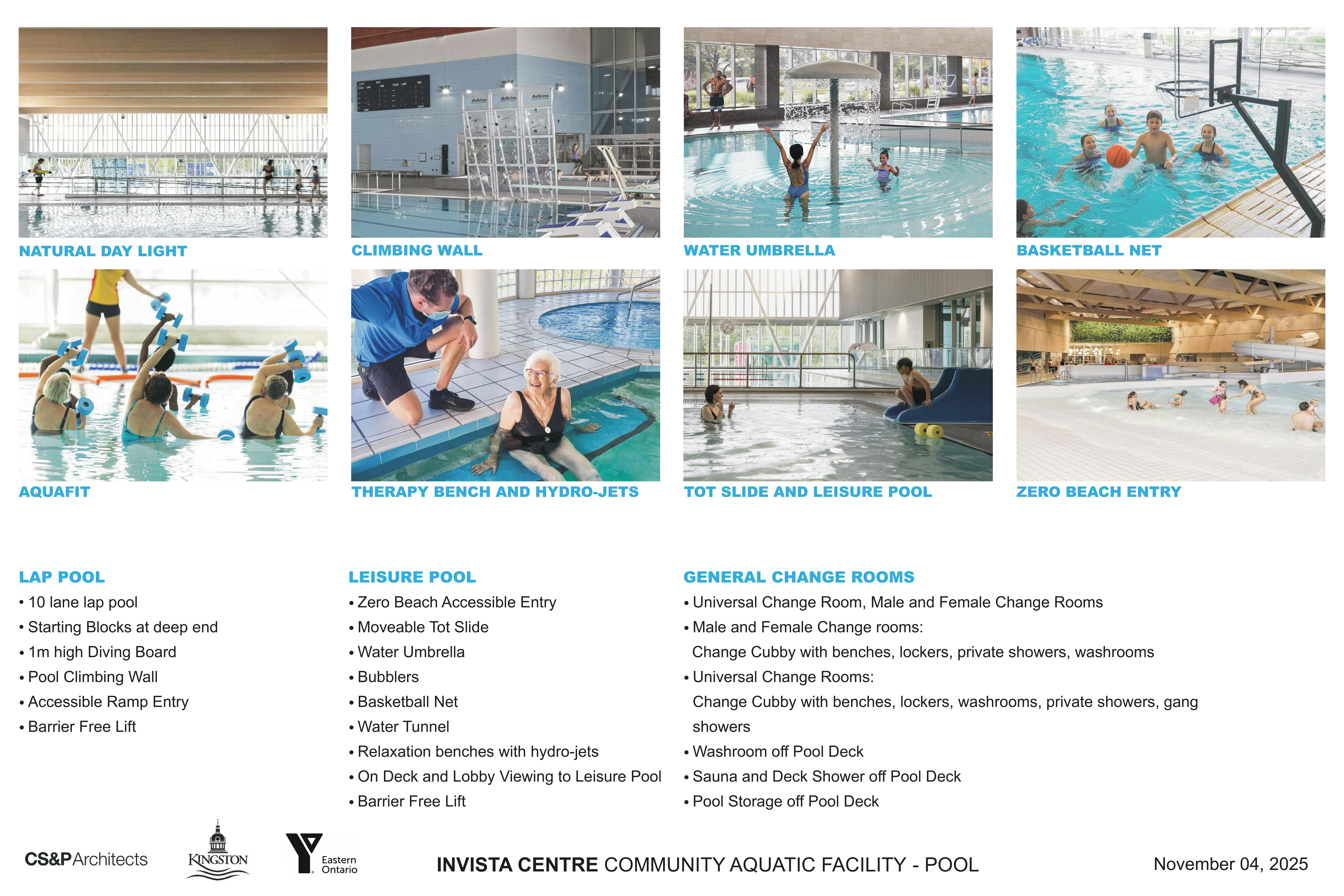 Examples of various pool amenities are shown.