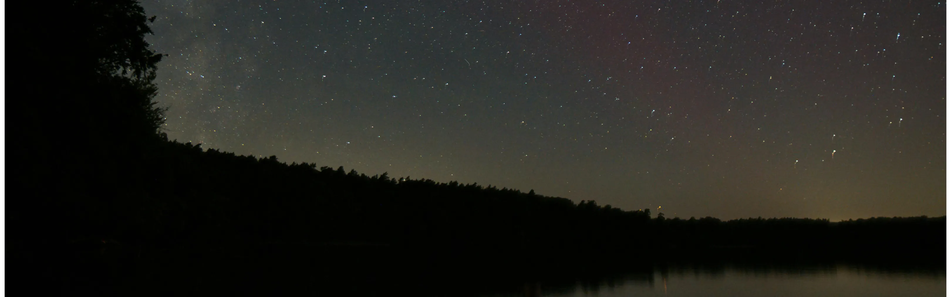 stars in dark sky over forest and lake