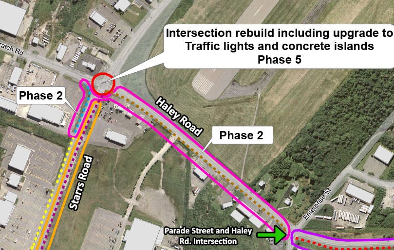 Map showing phase 2 with asphalt multi-use trail between Starrs Road and Parade Street on Haley Road.
