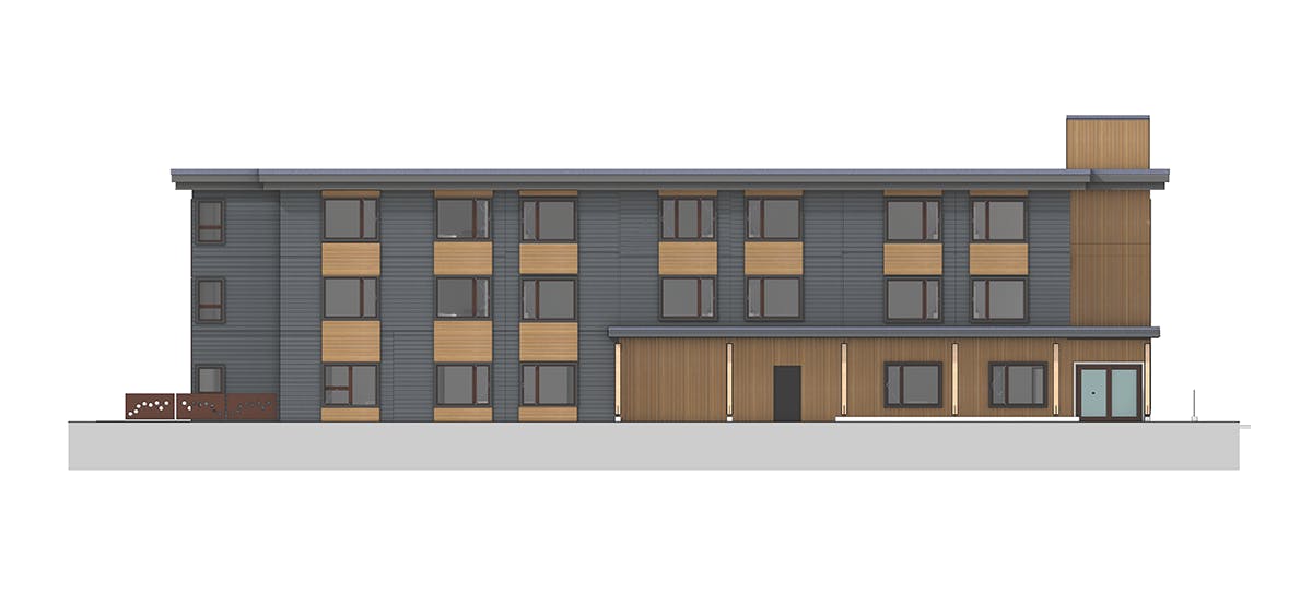 Front elevation rendering of a three-storey supportive housing building with grey and wood-tone exterior finishes, multiple windows, and a flat roof.