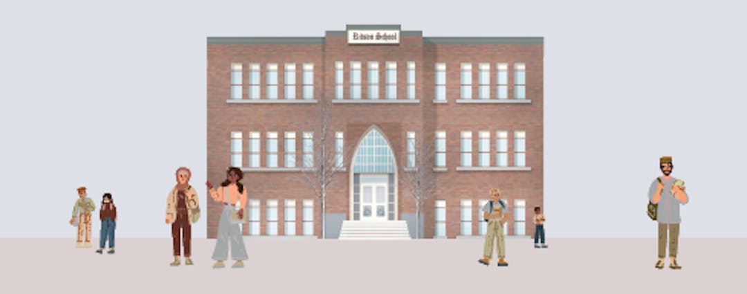 A sketch of the former Ritson Public School with people around and a blue/grey sky.