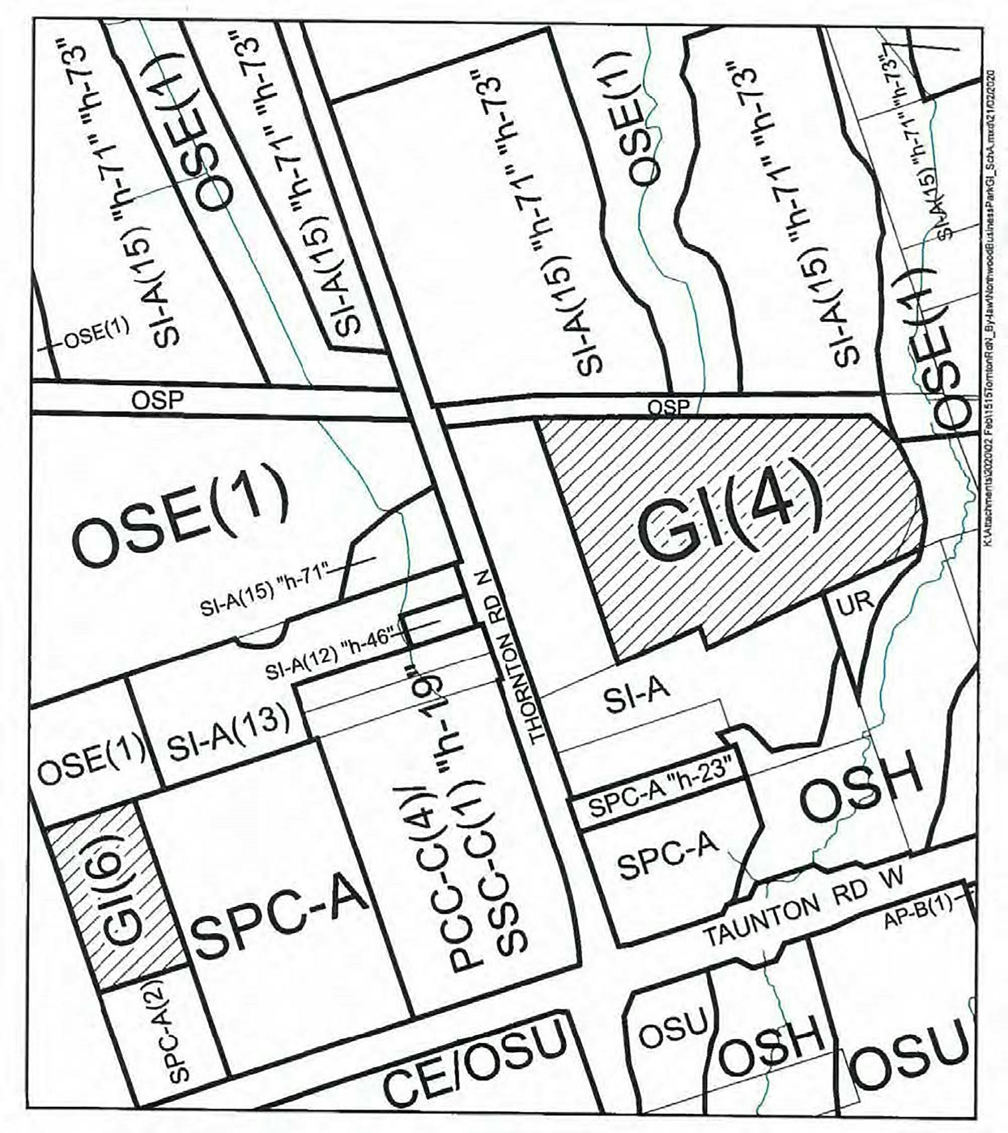 The land use study is reviewing the appropriateness of the GI zoning which currently applies to the northern portion of 918 Taunton Rd. W.; and a portion of 1455, 1515 and 1517 Thornton Rd. N. (refer to shaded areas on the map)