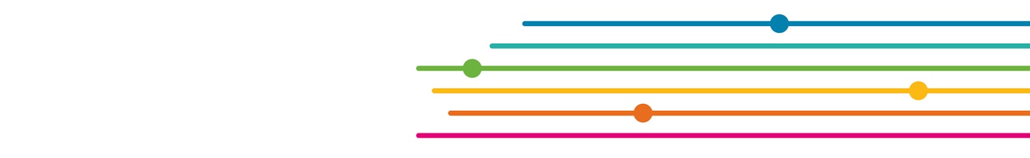 Six straight coloured lines coming in from the right and ending at different positions along the line.  Most lines show a circle node at a point along the line reminiscent of a bust stop along a bus route