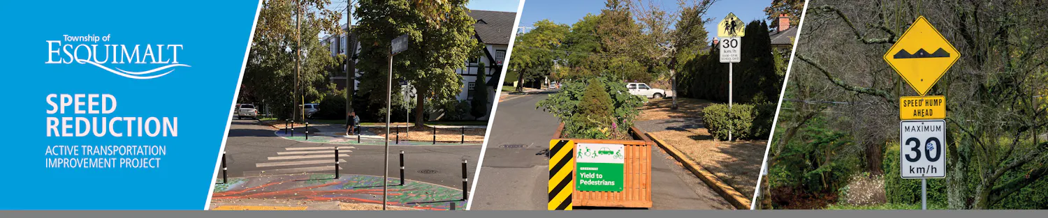 images of crosswalk with bollards extending the curb, 30KM/hour speed sign and traffic calming sign in quiet street
