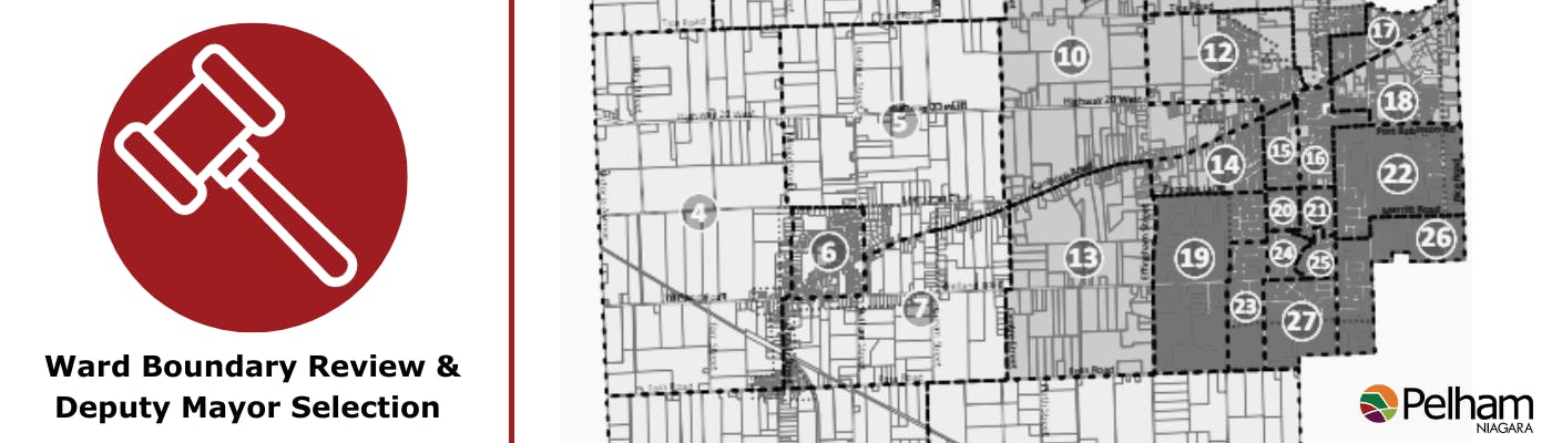 ward boundary review and deputy mayor selection including a gavel on a red circle and a cropped image showing ward lines