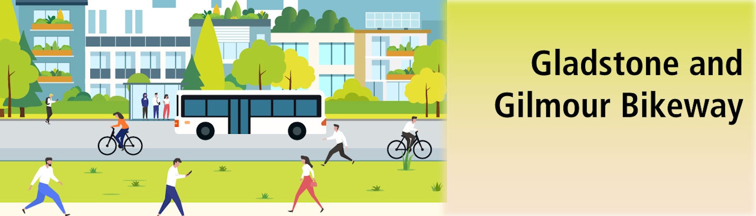 Illustration of a city street with pedestrians, cyclists, public bus and stop and apartment buildings in the background.