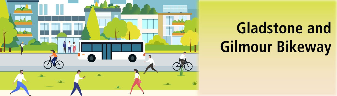 Illustration of a city street with pedestrians, cyclists, public bus and stop and apartment buildings in the background.