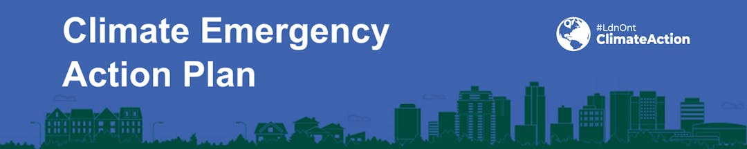 A graphic that says Climate Emergency Action Plan above an illustration of a skyline. 
