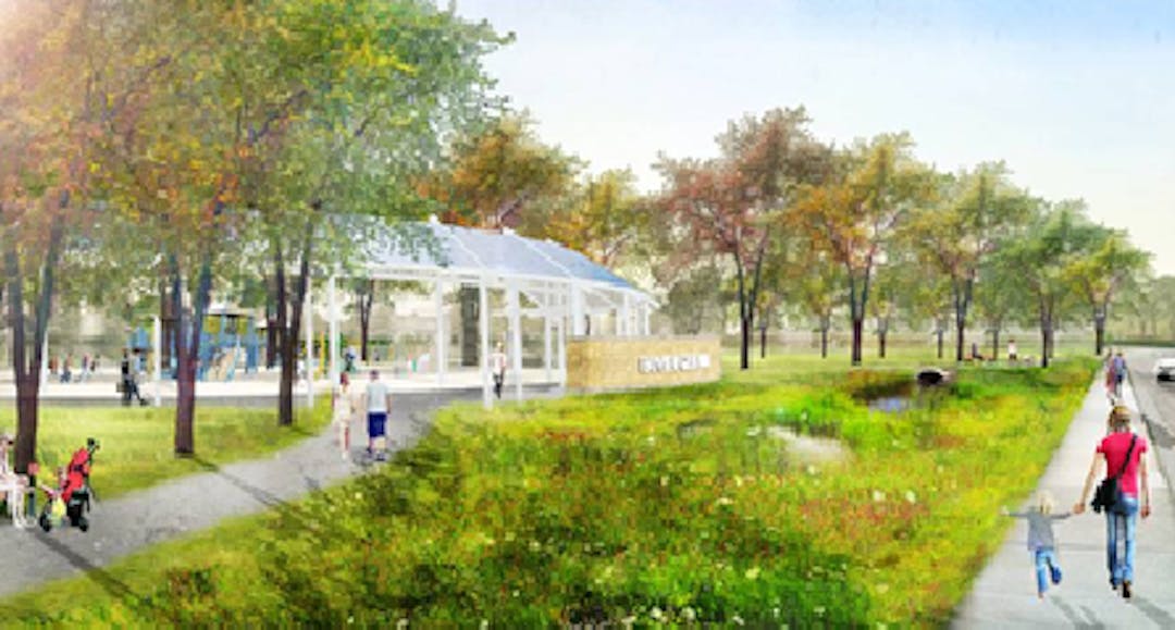 Artist rendering of people walking through a part with a white pavilion