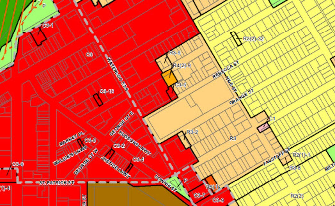Map of Stratford with different colours representing zoning areas