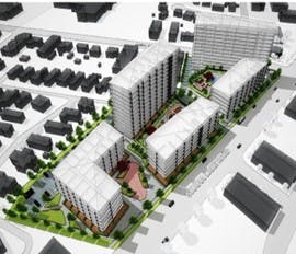 Aerial rendering of the proposed Penticton Skaha Assembly Redevelopment showing several mid-rise residential buildings arranged around central courtyards with green spaces and pedestrian pathways, surrounded by existing low-rise housing and streets.