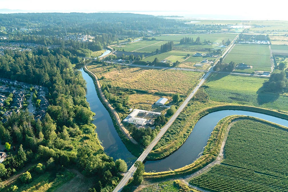 Aerial view of forest parkland, the river, a road, and agricultural fields.