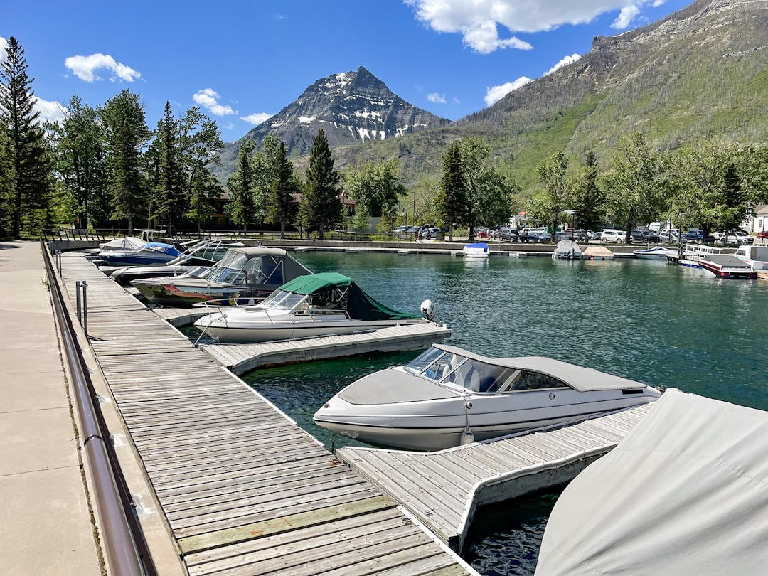 Motorized watercraft docked in the Waterton Park marina