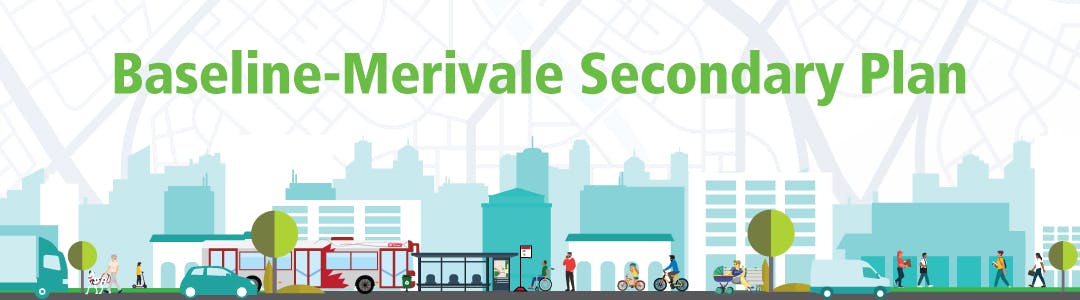 Illustration of cars, bus, train and people at a LRT station with city buildings in the background.