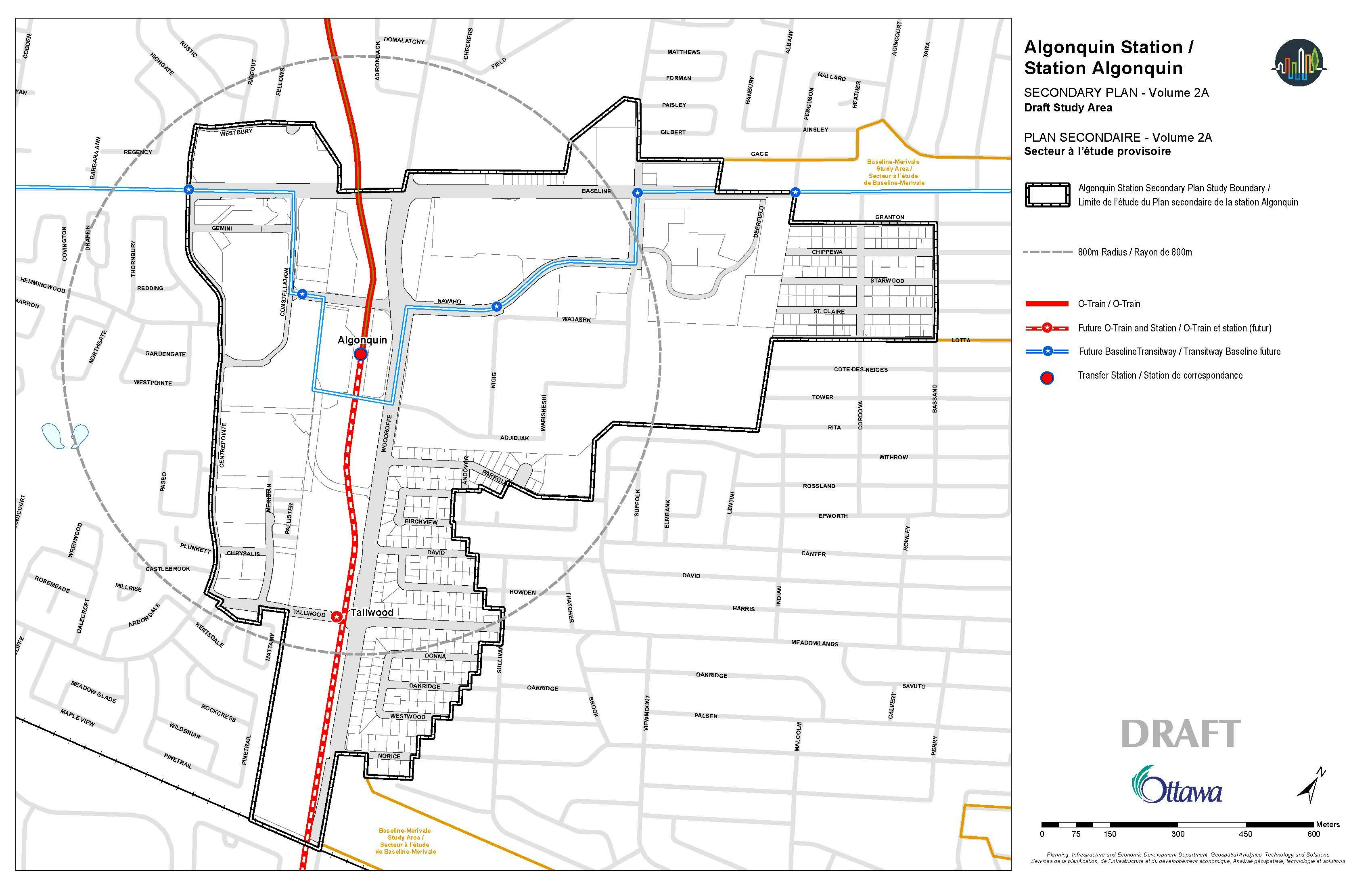 Le périmètre d'étude proposé du Plan secondaire de la Station Algonquin, qui comprend les terrains entourant la future gare de l'O-Train et autour de l'intersection du chemin Baseline et de l'avenue Woodroffe.