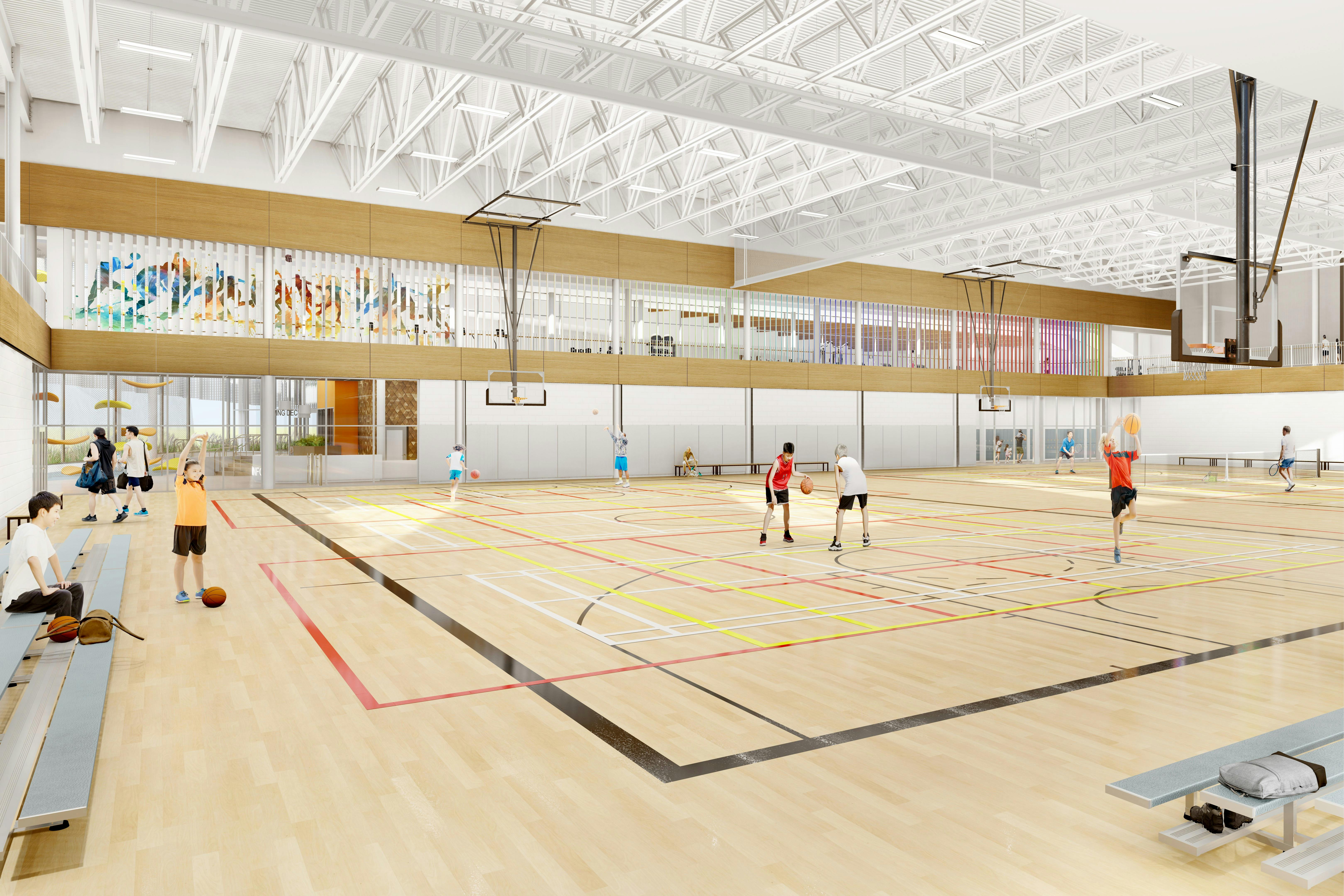 Double gymnasium for basketball, volleyball, pickleball, badmonton, and more.