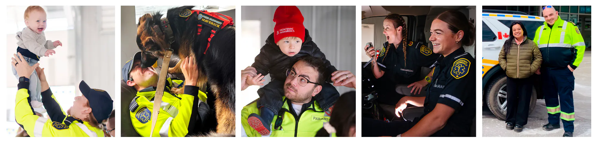 Five candid images of paramedics with family members and colleagues.