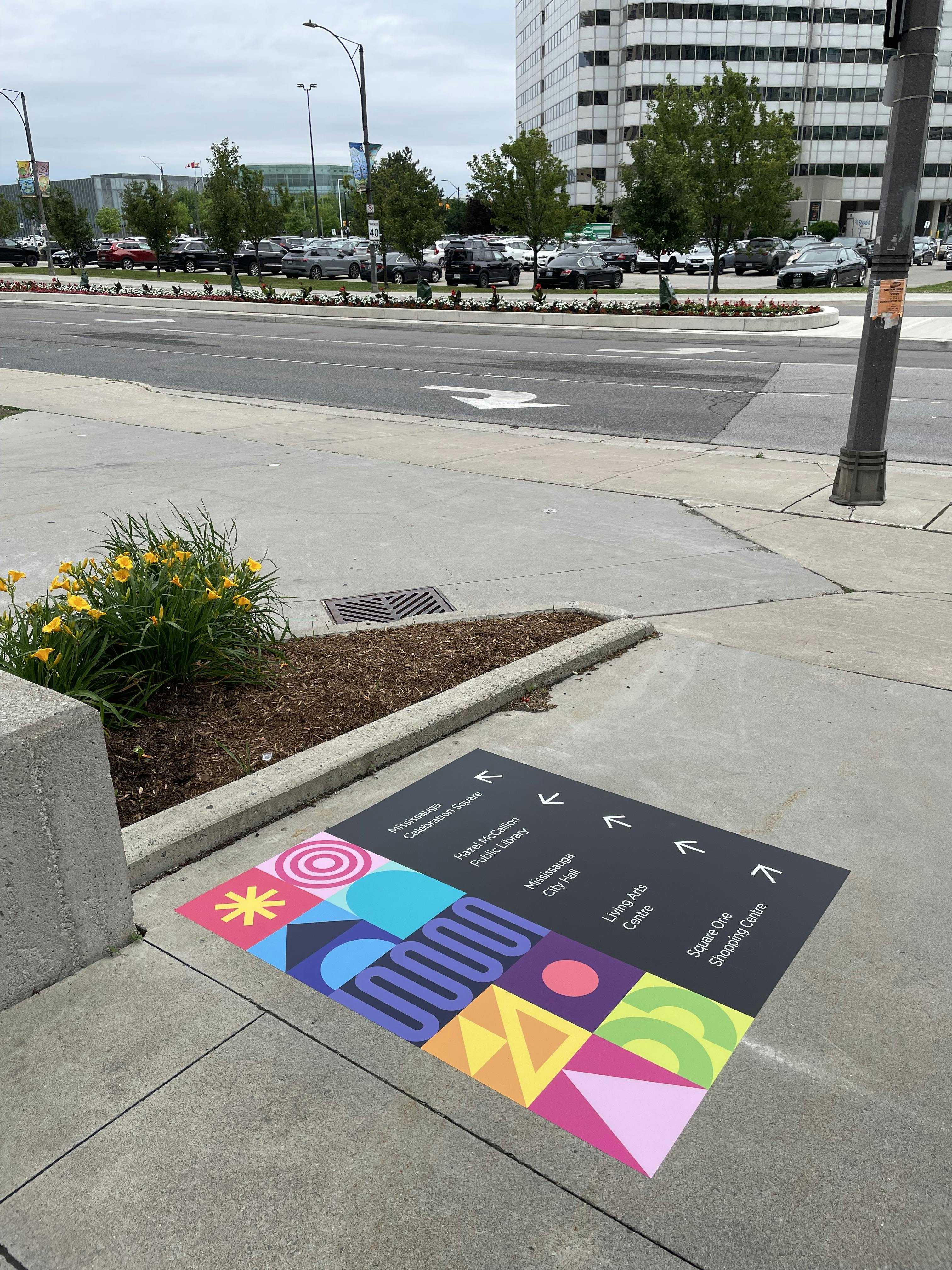 Colourful directional sign on pavement near a sidewalk, guiding visitors to various locations, with flowers in the foreground.