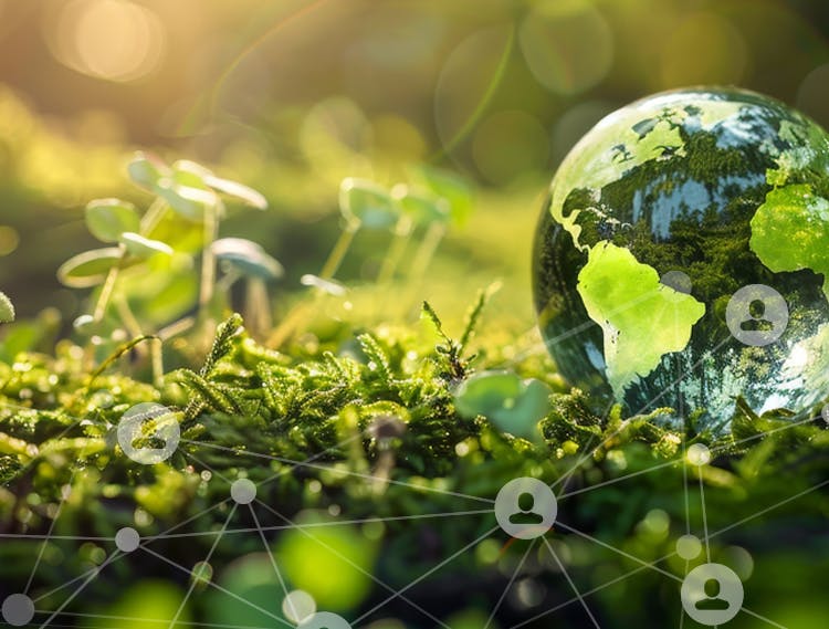 Globe de verre posé sur l'herbe et entouré de petites plantes