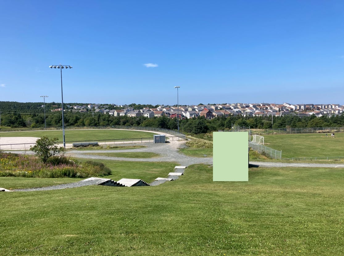 View from the Parking lot at Denis Lawlor park looking towards the ballfield and soccer pitch showing impact of naturalization