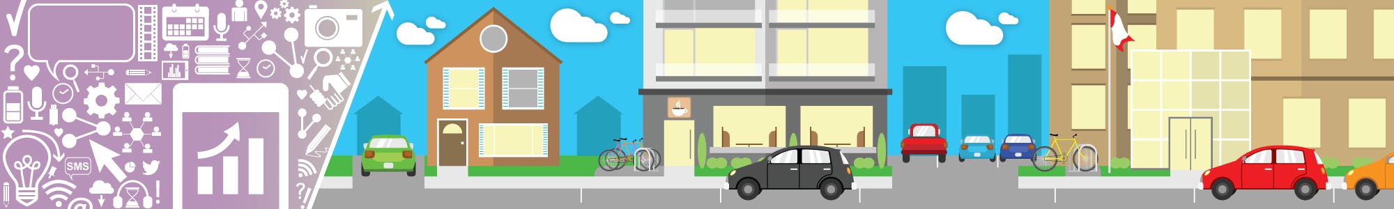Engagement icons beside parking scenarios in Oshawa: driveway, street, bicycle, parking lot, etc.