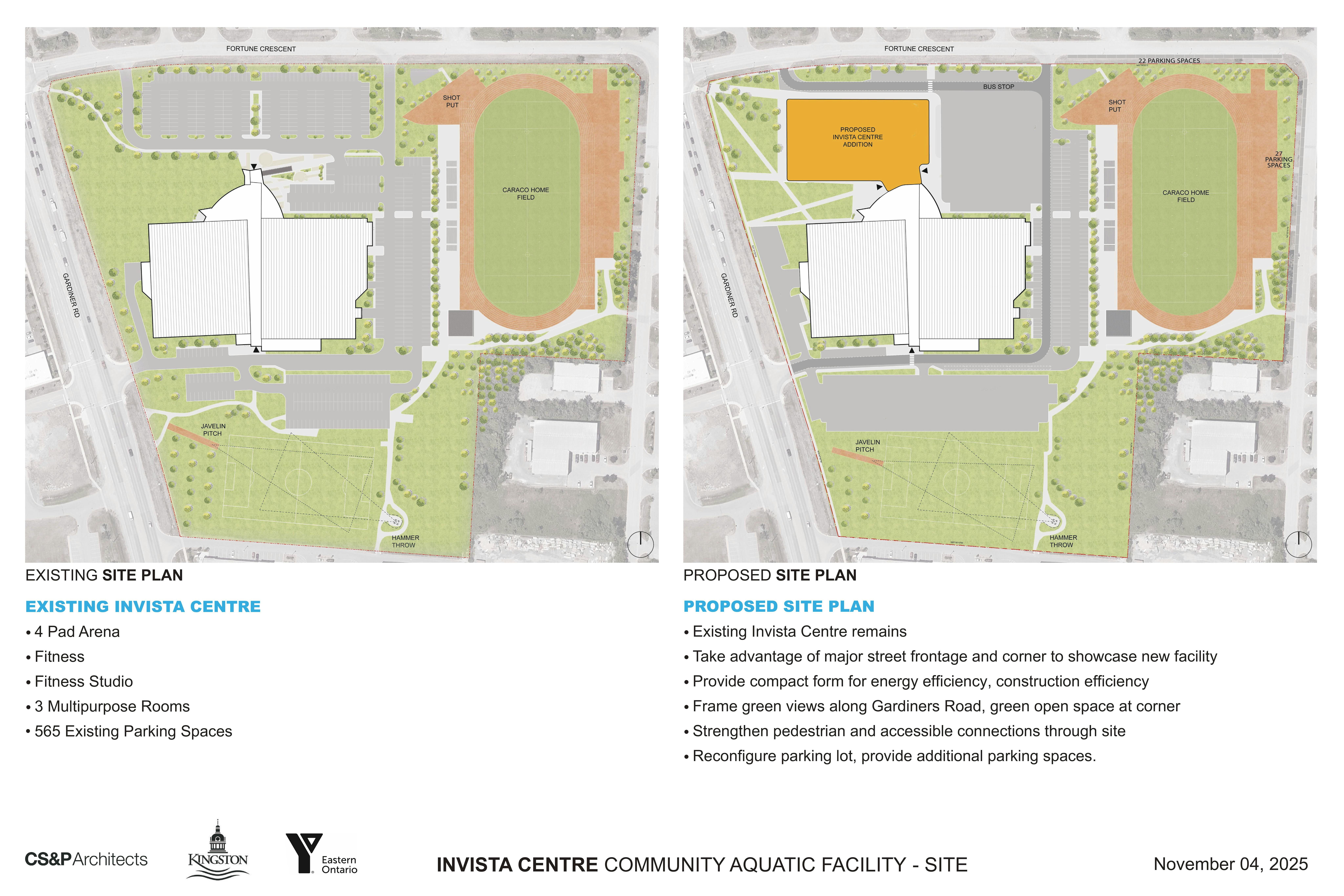Two side by side overhead maps showing the existing and proposed site plan.