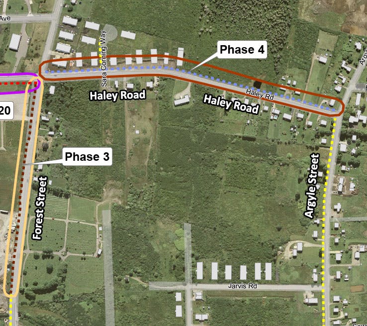 Map showing phase 4 will see asphalt multi-use trail between Forest Street and Argyle Street on Haley Road.
