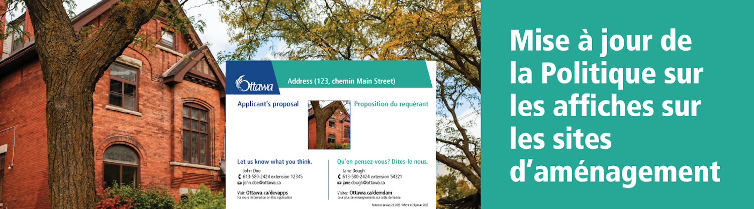Affiche sur le site d’aménagement devant une vieille maison en briques à Ottawa.