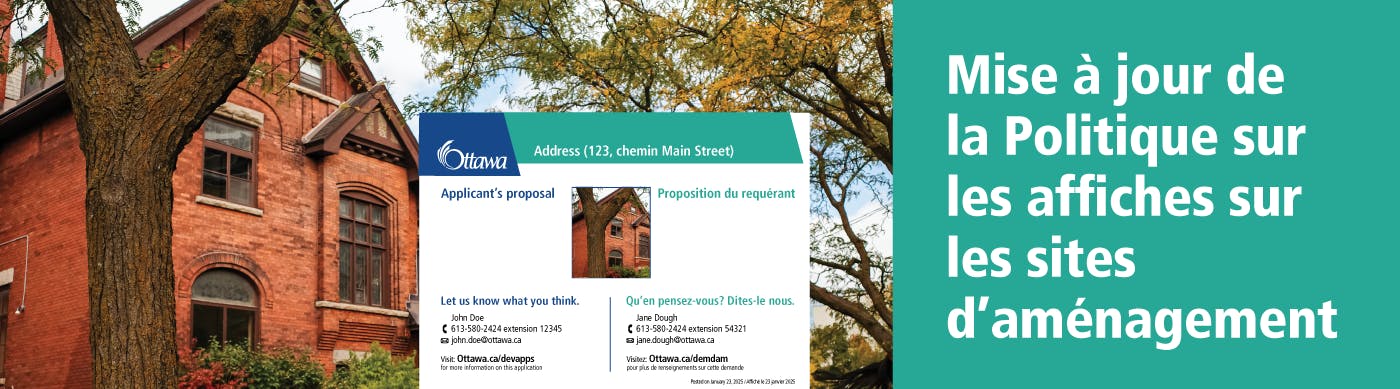 Affiche sur le site d’aménagement devant une vieille maison en briques à Ottawa.