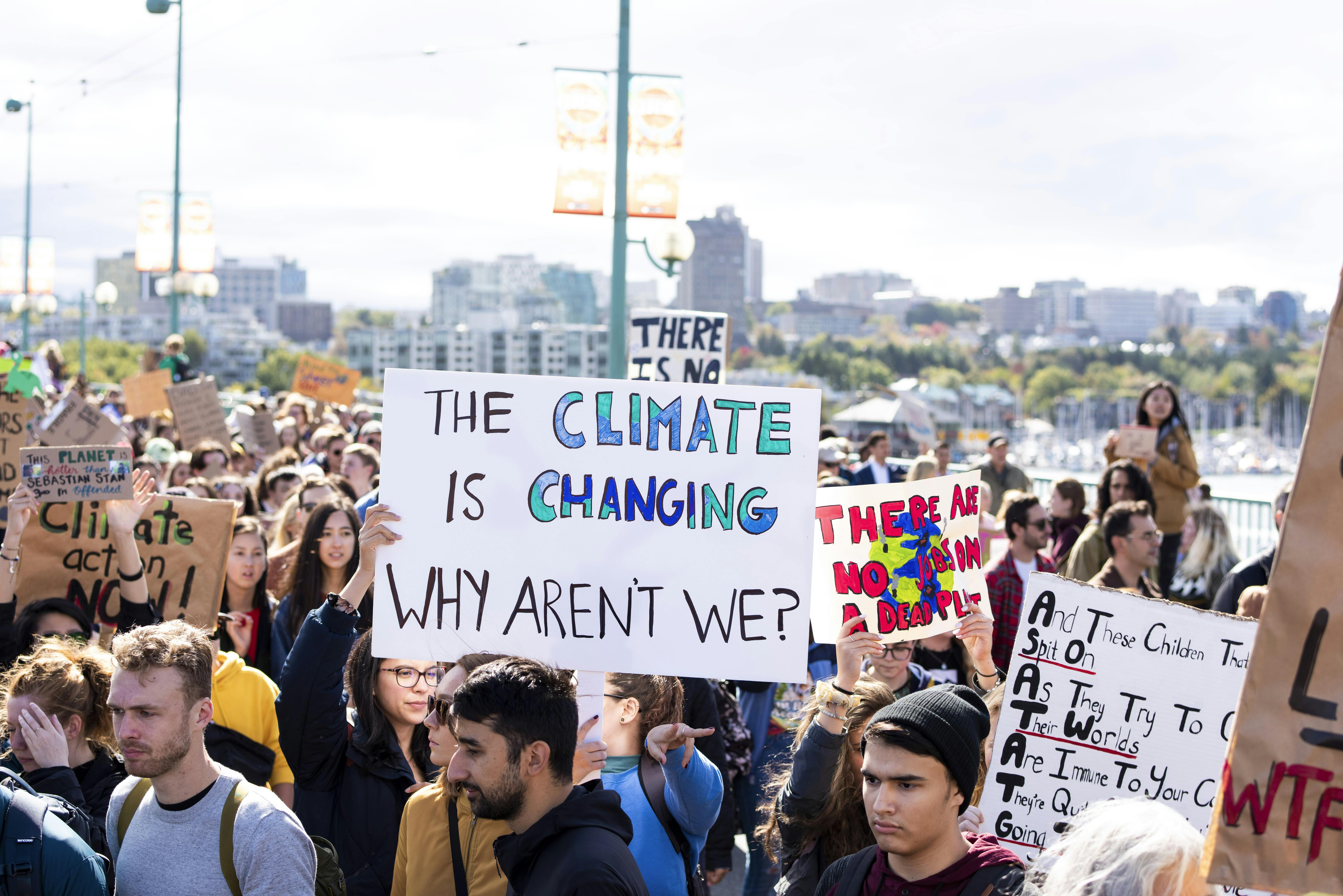 Thousands of people participate in the 2019 Climate Strike across the Cambie Bridge, Vancouver.