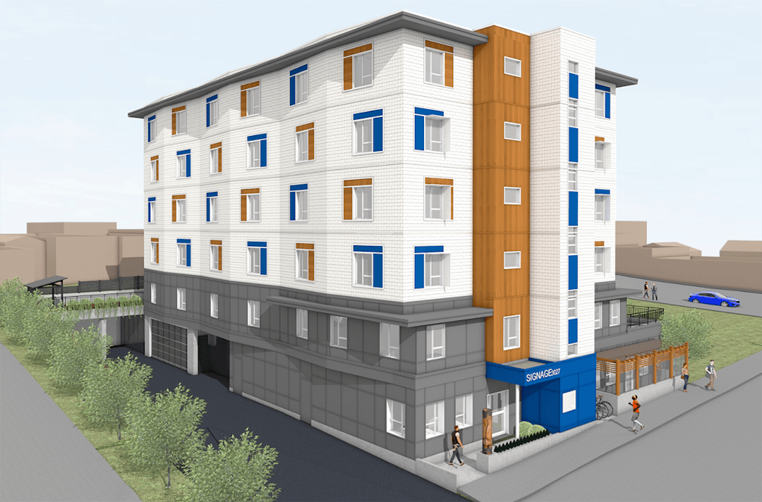 Rendering of a modern five‑storey mixed‑use building on a street corner with trees and pedestrians.