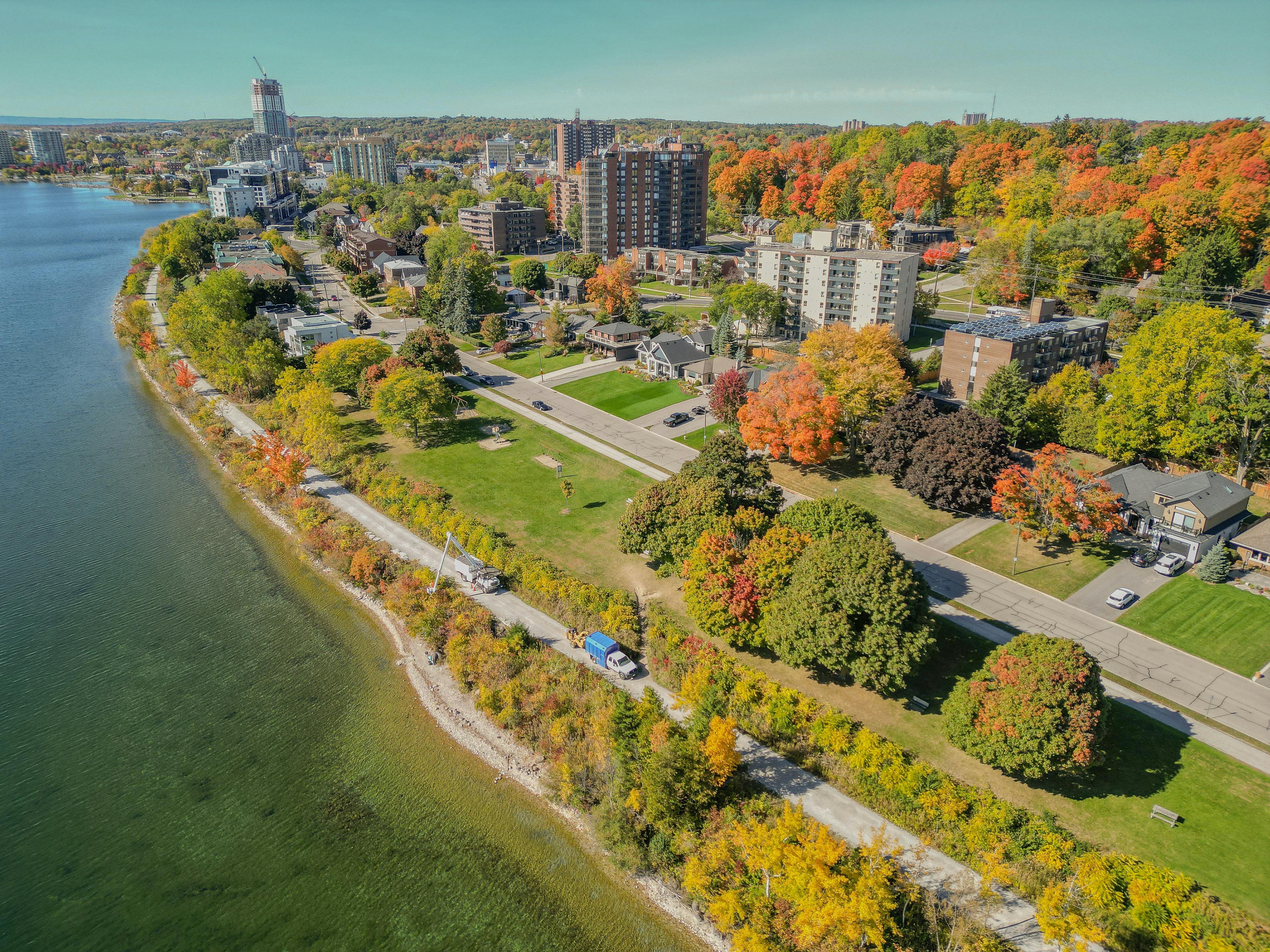 Bird's eye view of Kempenfelt Park, looking along the Kempenfelt Bay shoreline toward downtown Barrie.