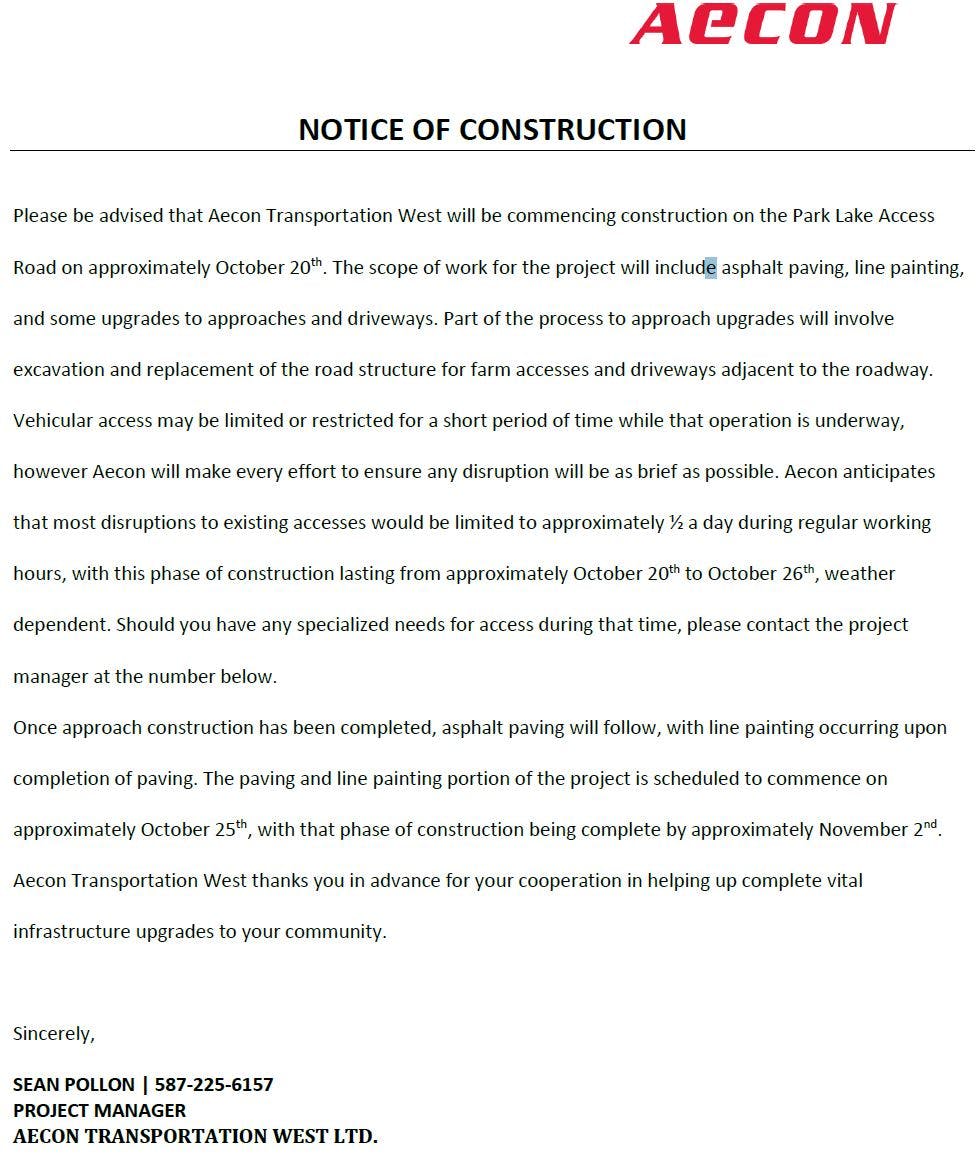 Contractor Notice of Construction