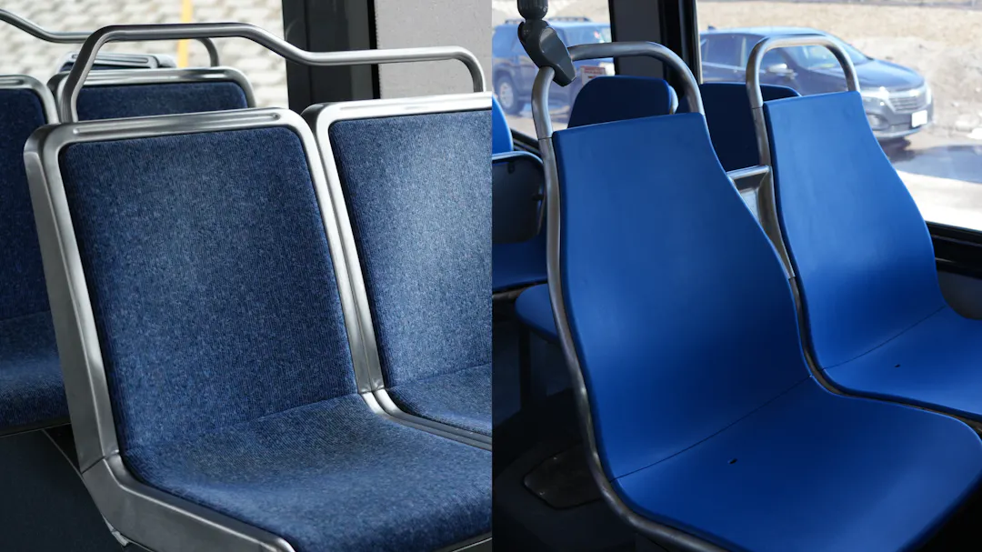 The image on the left shows the fabric bus seats, the image on the right shows the plastic bus seats.