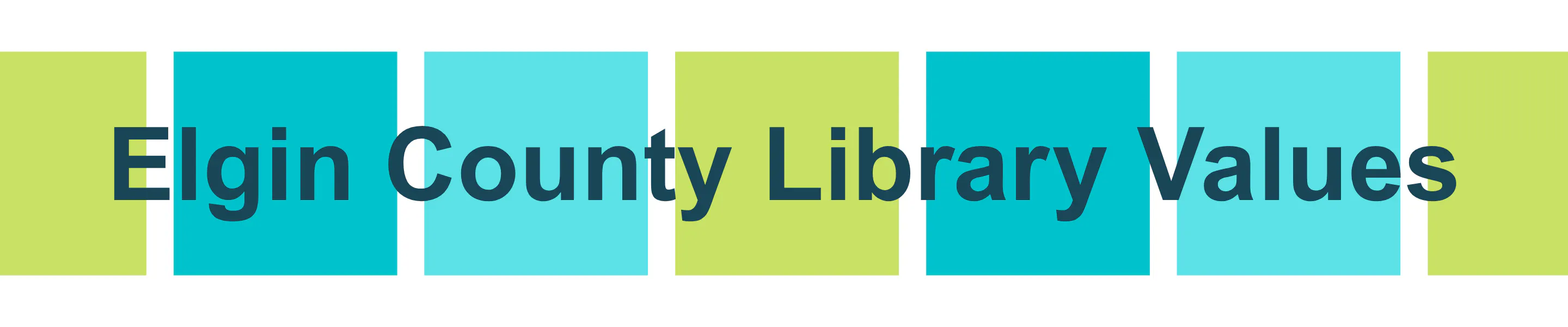 Elgin County Library Values on a background of green and blue squares