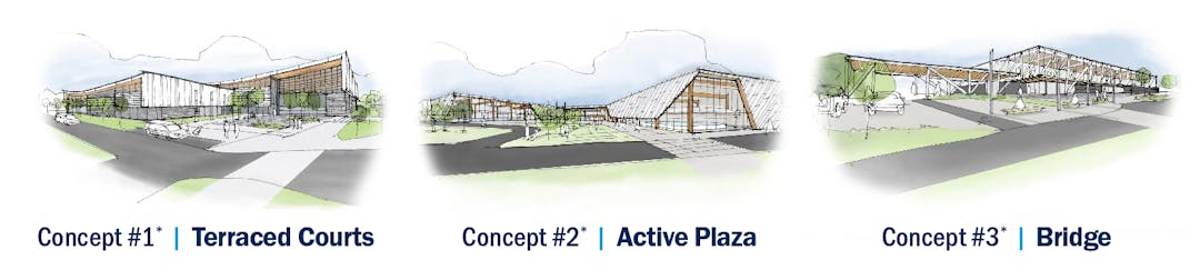 Three proposed New Whitby Sports Complex designs.