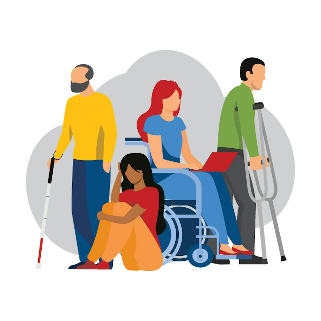 Illustrated graphic representing individuals with accessibility barriers.