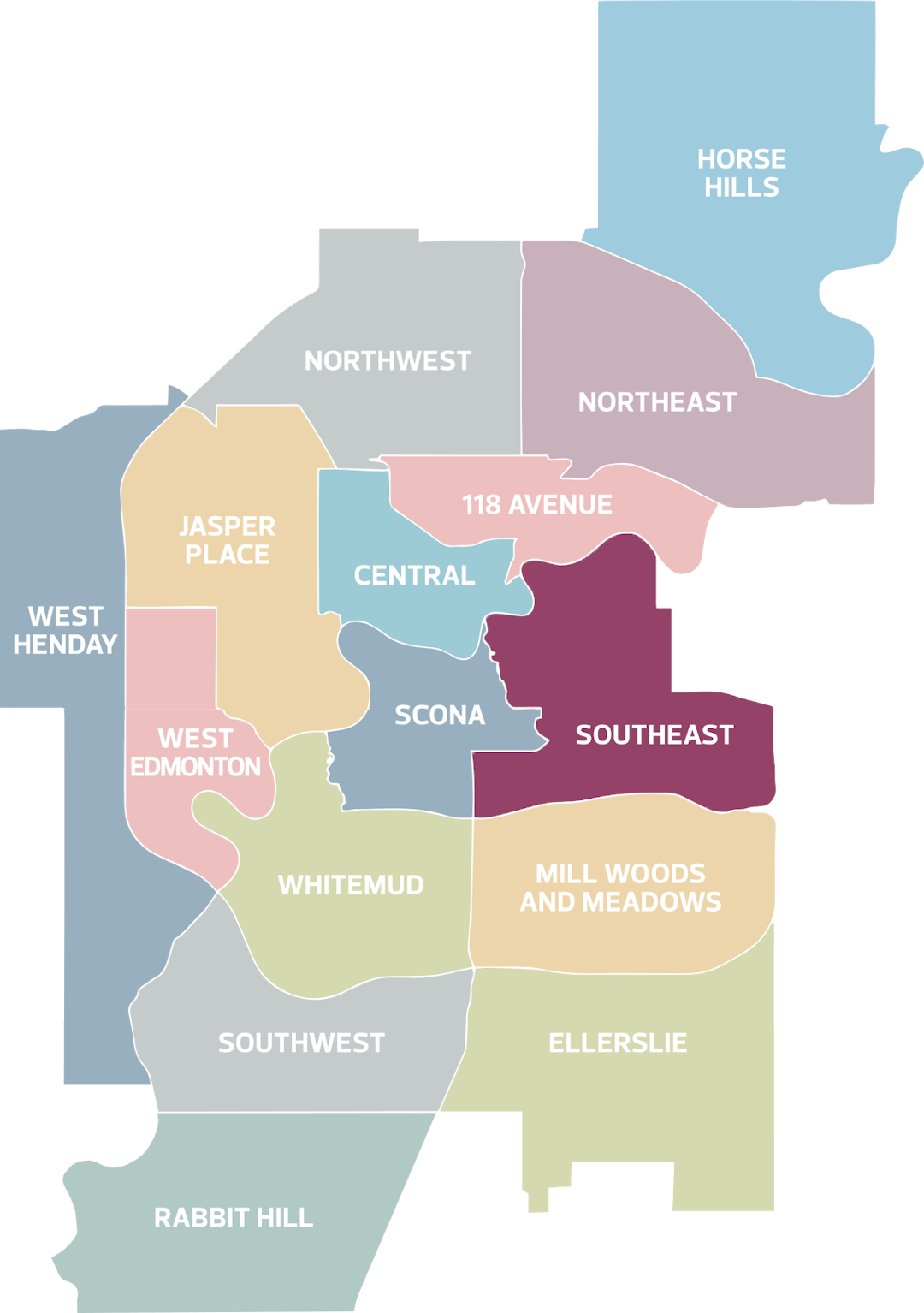 Highlighted Southeast district within image of all 15 Edmonton districts