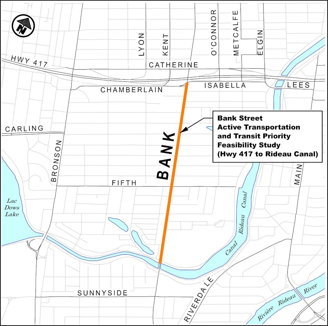 Map showing limits of project along Bank Street -  from the Rideau Canal in the south to Highway 417 in the north