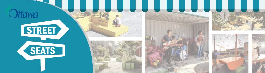 Streets seats sign and examples of pedestrian-friendly streets showing planters, musicians and seating platforms.