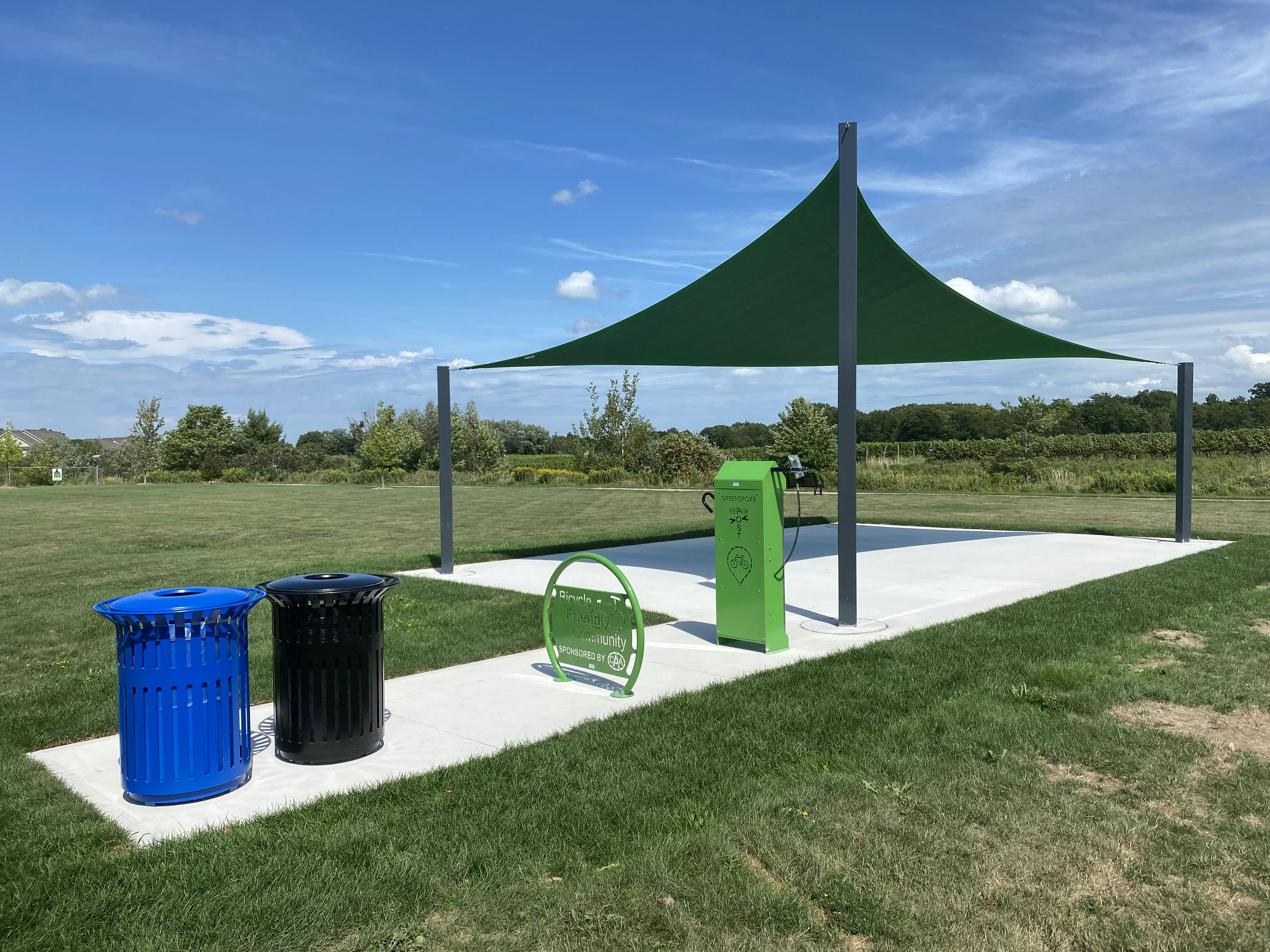 Garbage and Recycling Receptacles, Bike Rack and Bike Repair Station
