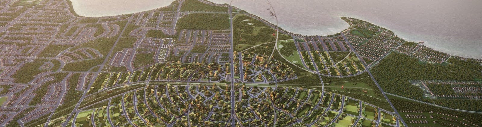 Aerial view of futuristic city amongst lake and farmland