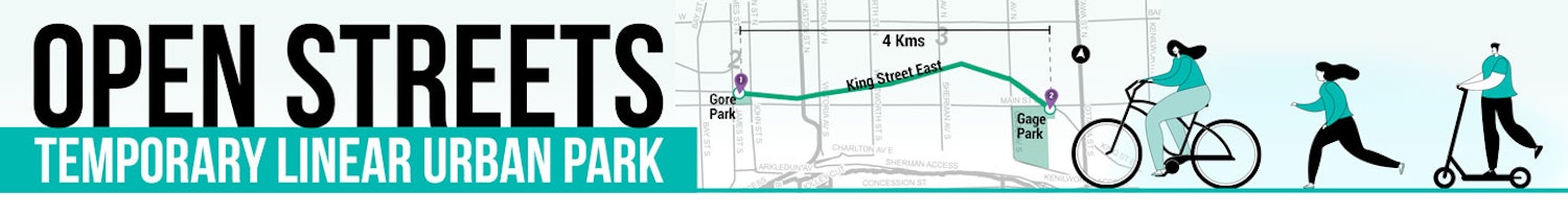 Promotion graphic for temporary urban park on King Street from Gore Park to Gage Park